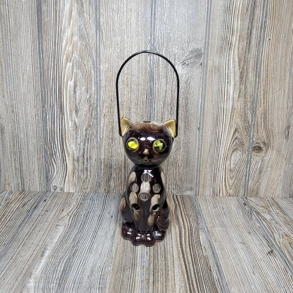 Vintage Inarco Cat Candle Holder Lantern, Marble Eyes, Ceramic Kitten Figurine - Picture 1 of 5